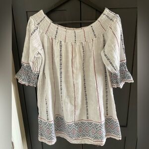 🌿Paper Heart Boho White w Blue Red Off-Shoulder Cotton/Linen Tunic Top Size L/XL